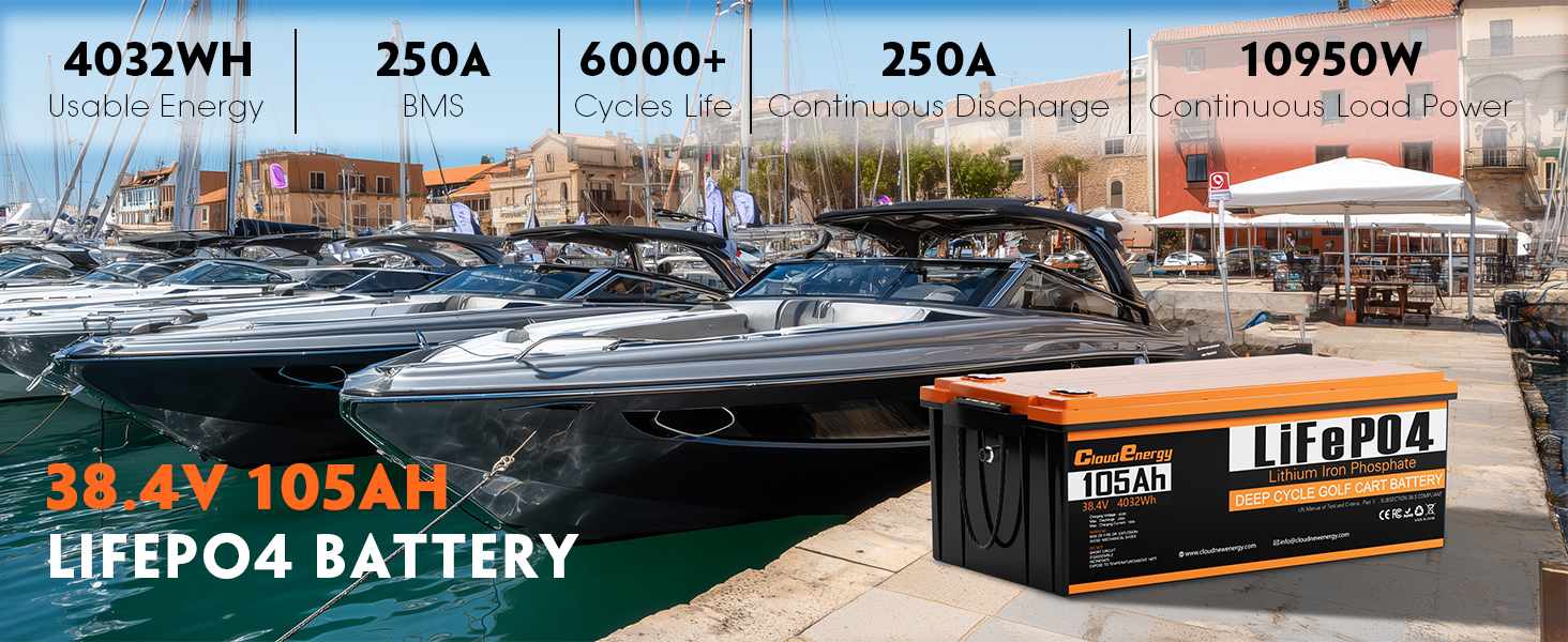 CloudEnergy 36V 105Ah LiFePO4 marine battery detailed specifications for yacht and boat applications