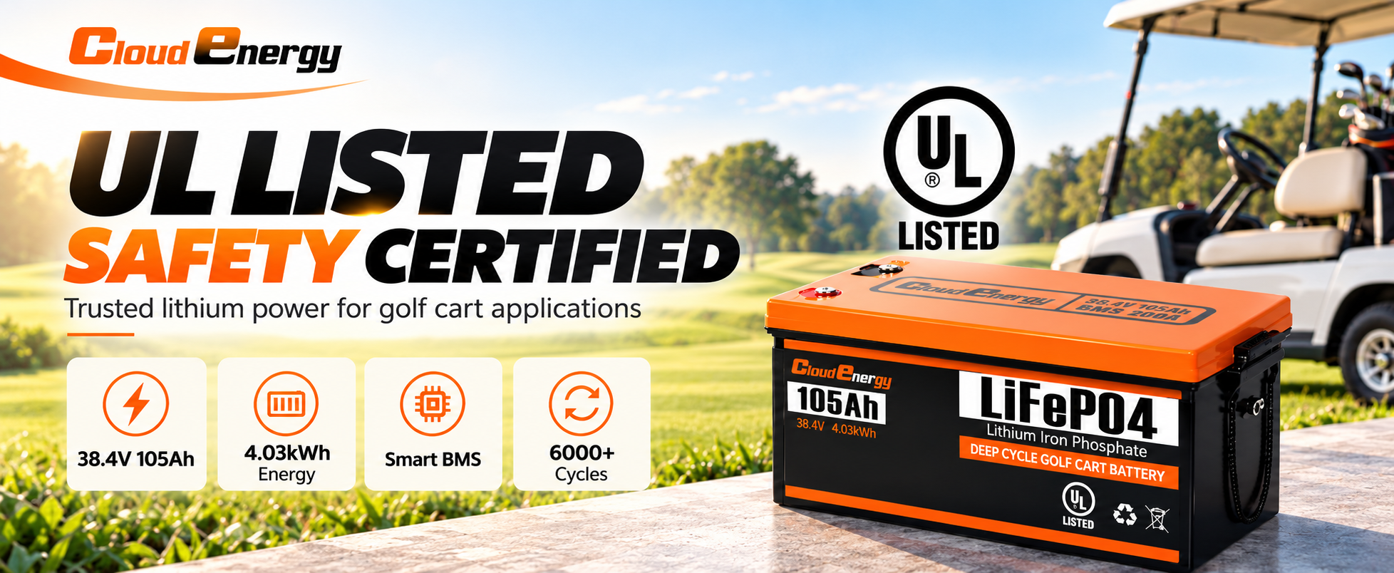 Cloudenergy 36V 105Ah LiFePO4 golf cart battery with UL Listed certification, Smart BMS and 4.03kWh energy capacity.