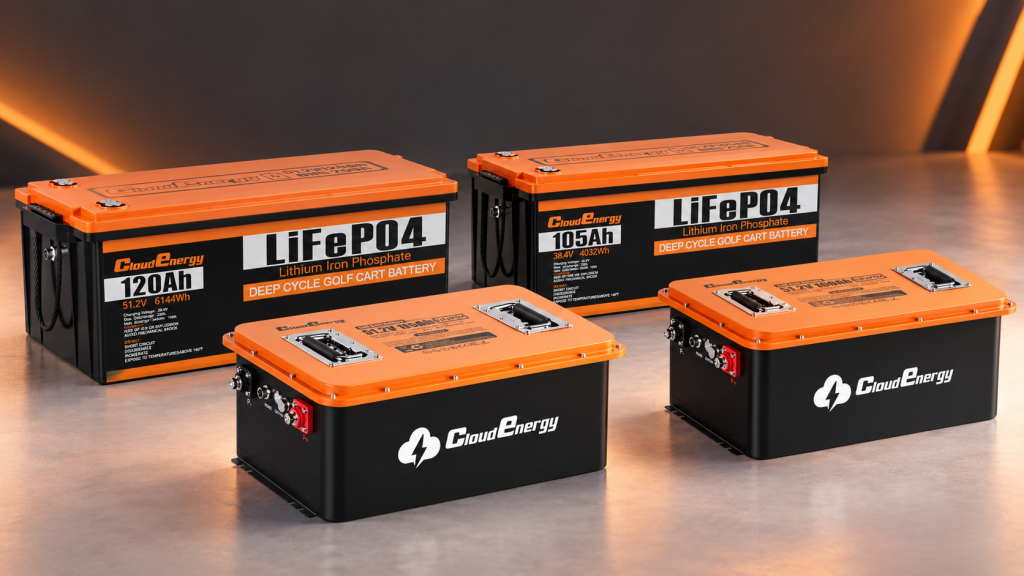 Four CloudEnergy lithium golf cart battery models arranged in a professional product lineup
