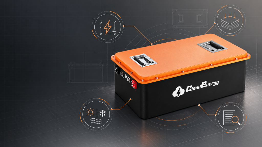 CloudEnergy lithium golf cart battery with electrical mechanical environmental and documentation evaluation graphics
