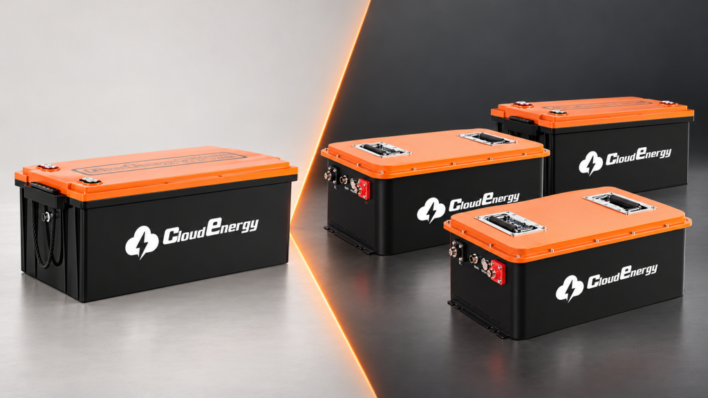One 36V-class CloudEnergy golf cart battery compared with three 48V-class battery models